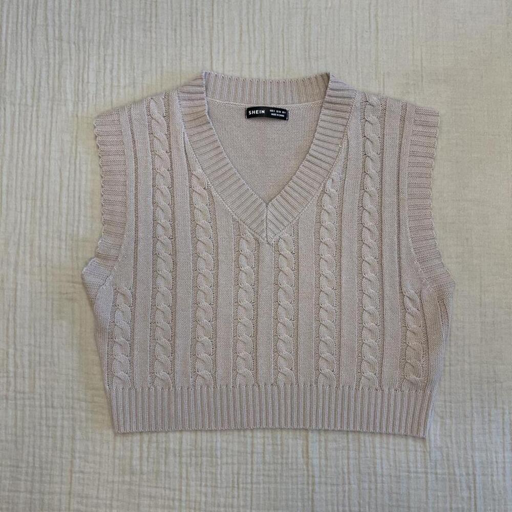 SHEIN cropped cable-knit sweater vest featuring a ribbed V-neckline and classic